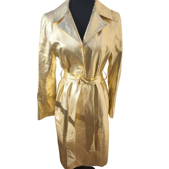 Glamorous Gold Metallic REAL Genuine Soft Leather Designer Jacket Coat Trench NW - Picture 11 of 16